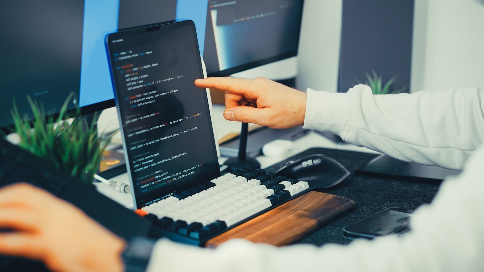 A programmer working on code with a laptop and monitor setup in an office.